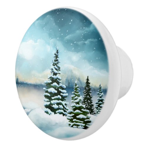 Scenic Winter Wonderland Watercolor Painting Ceramic Knob