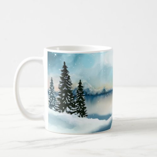 Scenic Winter Wonderland Watercolor Painting Coffee Mug