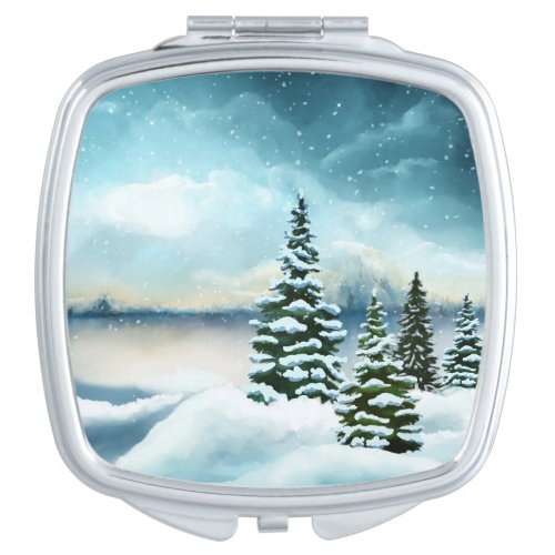 Scenic Winter Wonderland Watercolor Painting Compact Mirror