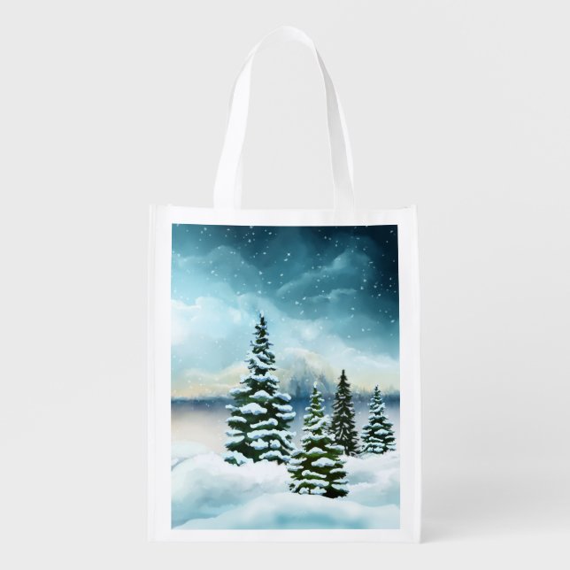 Scenic Winter Wonderland Watercolor Painting Grocery Bag (Front)