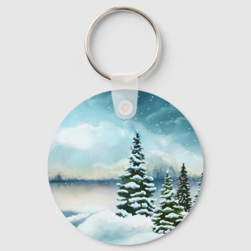 Scenic Winter Wonderland Watercolor Painting Keychain