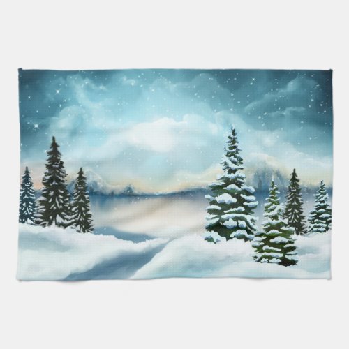 Scenic Winter Wonderland Watercolor Painting Kitchen Towel