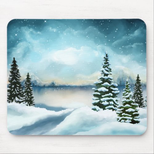 Scenic Winter Wonderland Watercolor Painting Mouse Pad