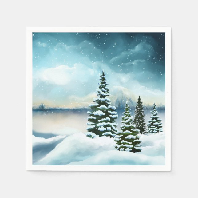 Scenic Winter Wonderland Watercolor Painting Napkins (Front)