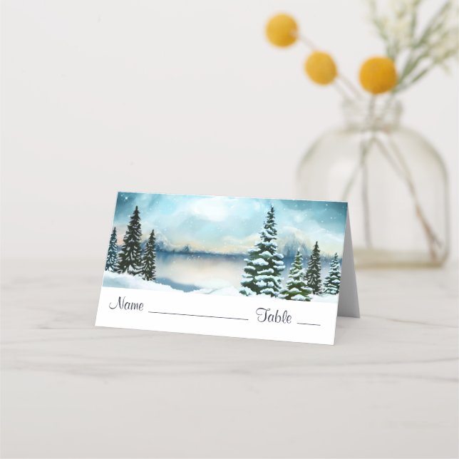 Scenic Winter Wonderland Watercolor Painting Place Card (Front)