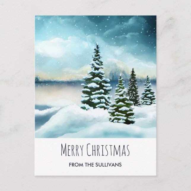 Scenic Winter Wonderland Watercolor Painting Postcard (Front)