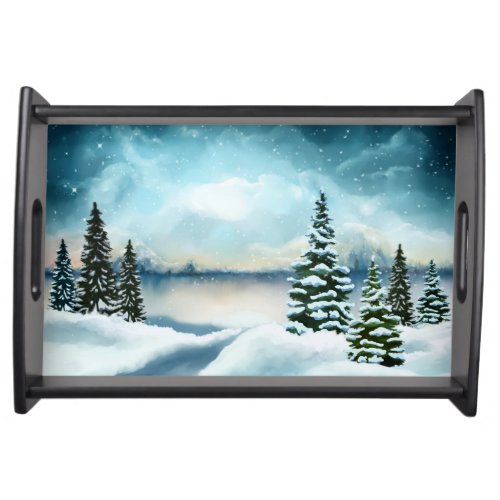 Scenic Winter Wonderland Watercolor Painting Serving Tray