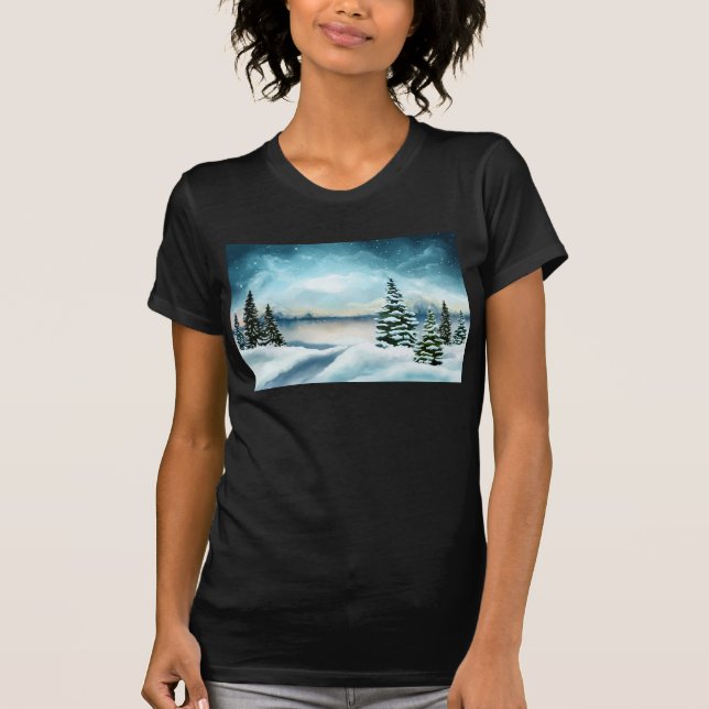 Scenic Winter Wonderland Watercolor Painting T-Shirt (Front)