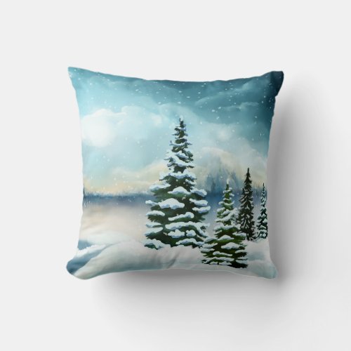 Scenic Winter Wonderland Watercolor Painting Throw Pillow