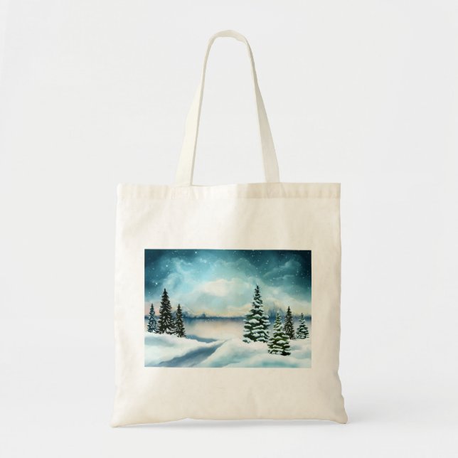Scenic Winter Wonderland Watercolor Painting Tote Bag (Front)