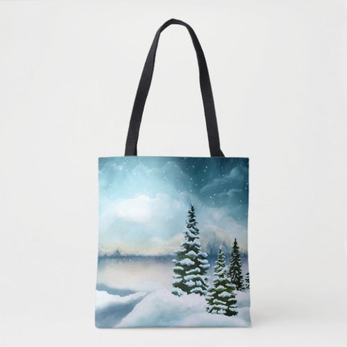 Scenic Winter Wonderland Watercolor Painting Tote Bag