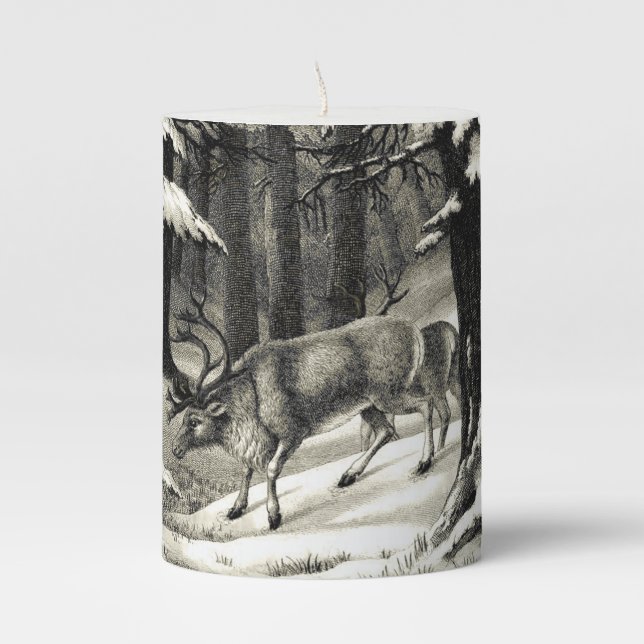 Scenic Winter Woods Snowy Evergreens Wildlife Pillar Candle (Front)