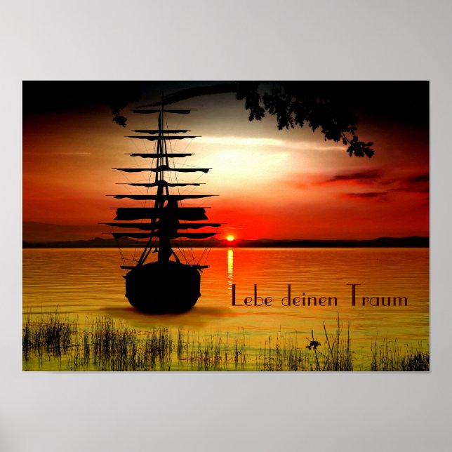 Schiff mit Sonnenaufgang Poster (Front)