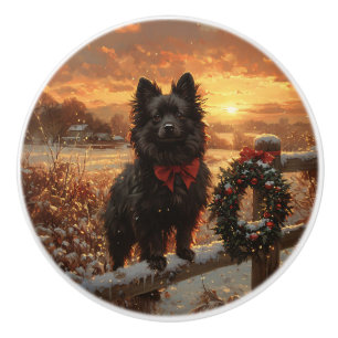 Schipperke Dog Rustic Winter Sunset Ceramic Knob