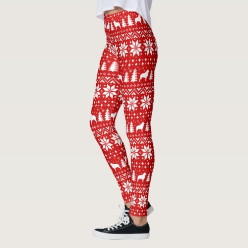 Schipperke Dog Silhouettes Christmas Pattern Red Leggings