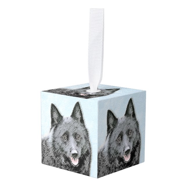 Schipperke Painting - Cute Original Dog Art Cube Ornament (Front Angled)