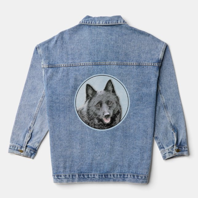 Schipperke Painting - Cute Original Dog Art Denim Jacket (Back)