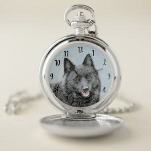 Schipperke Painting - Cute Original Dog Art Pocket Watch