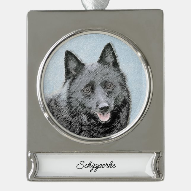Schipperke Painting - Cute Original Dog Art Silver Plated Banner Ornament (Front)