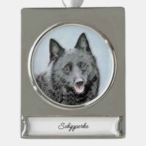 Schipperke Painting _ Cute Original Dog Art Silver Silver Plated Banner Ornament