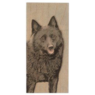 Schipperke Painting - Cute Original Dog Art Wood Flash Drive
