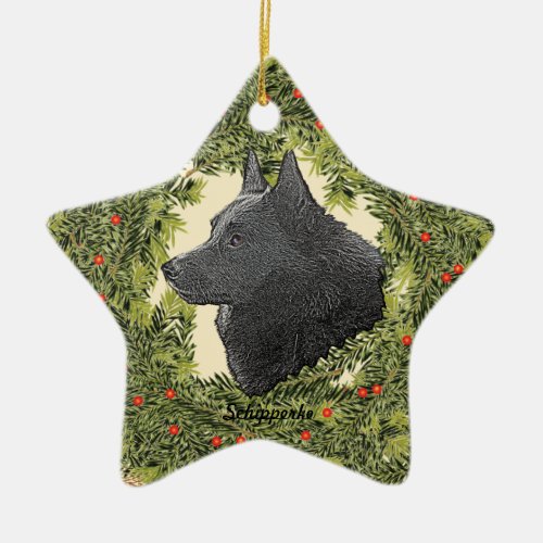 Schipperke Wreath Ceramic Ornament