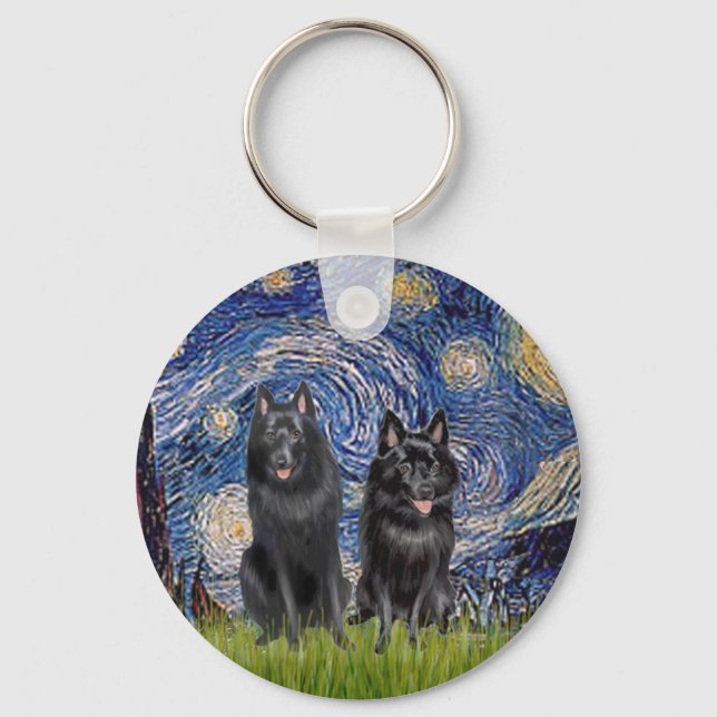 Schipperkes (two) - Starry Night Keychain (Front)