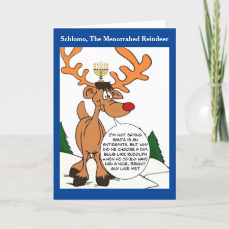 Schlomo The Menorahed Reindeer Hanukkah Card