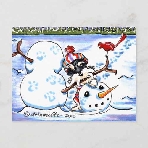 Schnauzer Building Snowman Off_Leash Art Postcard