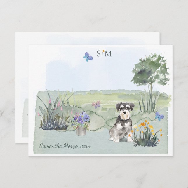 Schnauzer Butterfly Meadow  Monogram & Name      Note Card (Front/Back)