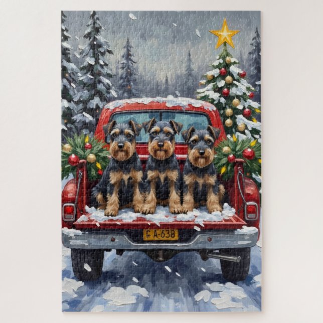 Schnauzer Christmas Red Truck Holiday Jigsaw Puzzle (Vertical)