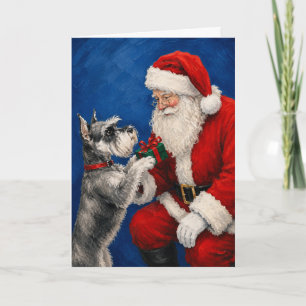 Schnauzer Christmas Santa Gift Blue Illustrated Holiday Card