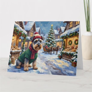 Schnauzer Christmas Snowy Village Market Painting Card
