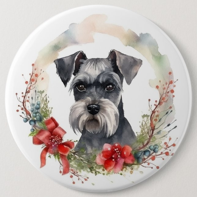 Schnauzer Christmas Wreath Festive Pup Button (Front)