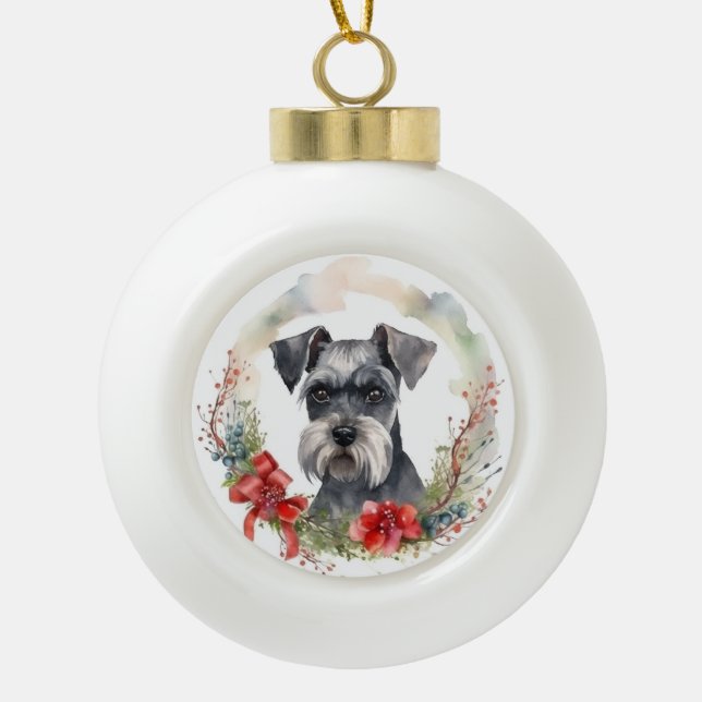 Schnauzer Christmas Wreath Festive Pup Ceramic Ball Christmas Ornament (Front)