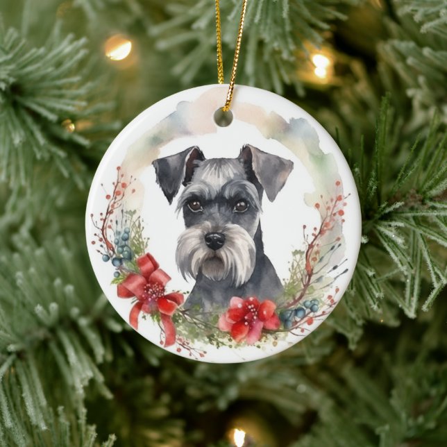 Schnauzer Christmas Wreath Festive Pup Ceramic Ornament (Tree)