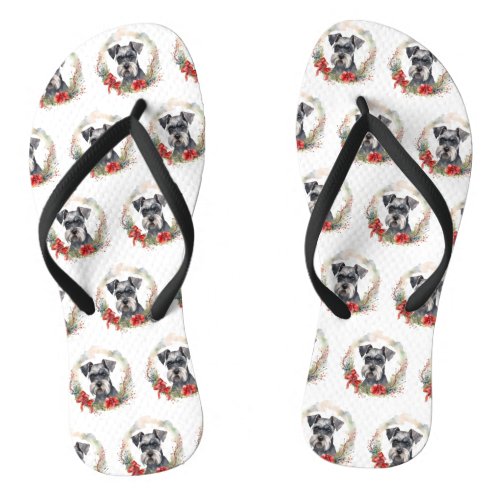 Schnauzer Christmas Wreath Festive Pup Flip Flops