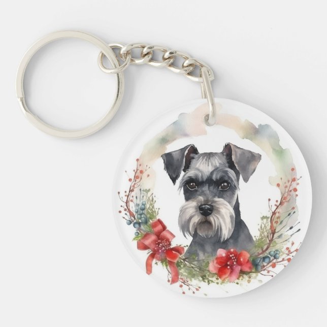 Schnauzer Christmas Wreath Festive Pup Keychain (Front)