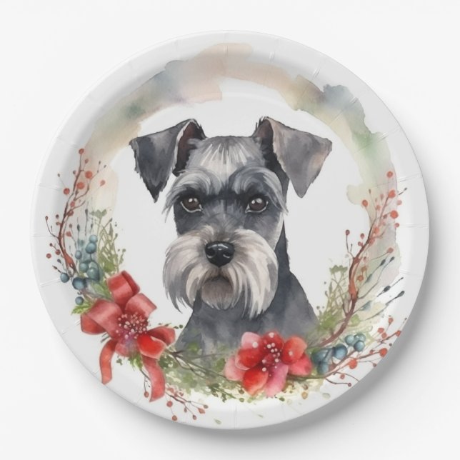 Schnauzer Christmas Wreath Festive Pup Paper Plates (Front)