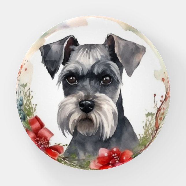 Schnauzer Christmas Wreath Festive Pup Paperweight (Front)