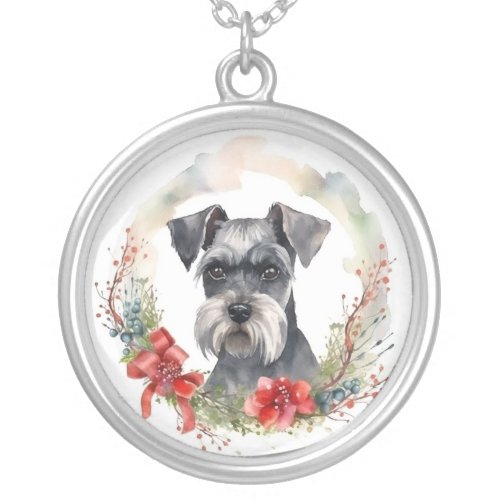 Schnauzer Christmas Wreath Festive Pup Silver Plated Necklace