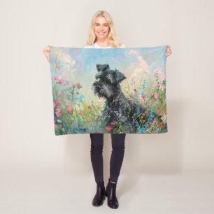 Schnauzer Colorful Wildflowers Fleece Blanket