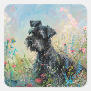 Schnauzer Colorful Wildflowers Square Sticker