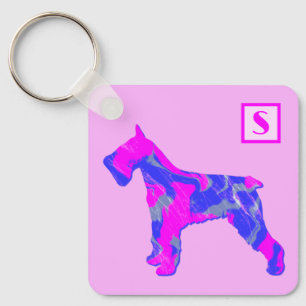 Schnauzer Cute Dog Pink & Blue Silhouette Monogram Keychain