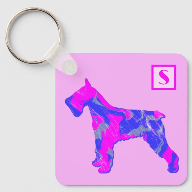 Schnauzer Cute Dog Pink & Blue Silhouette Monogram Keychain (Front)
