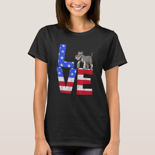 Schnauzer Dog American Flag Sunglasses 4th of July T-Shirt (Front)