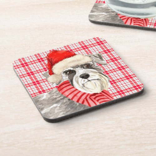 Schnauzer Dog and Red Holiday Plaid Christmas Beverage Coaster