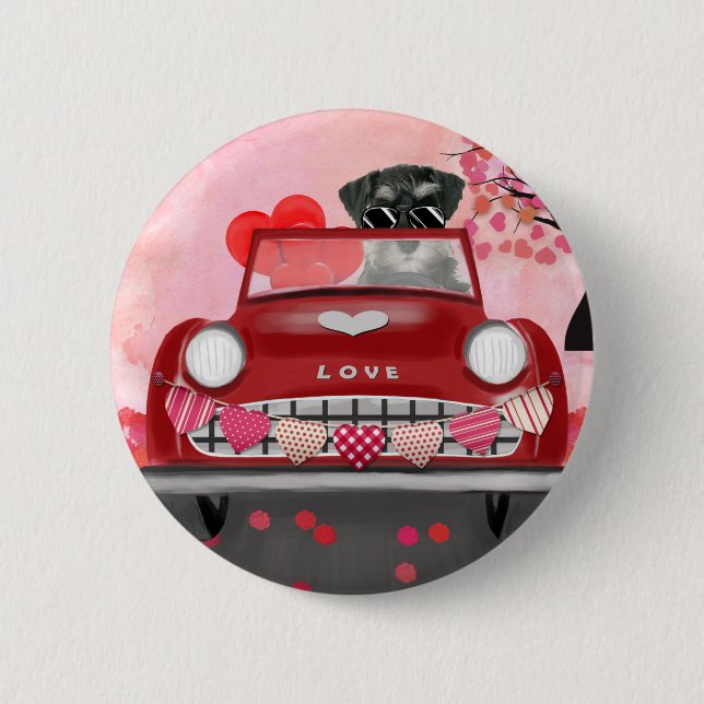 Schnauzer Dog Car with Hearts Valentine's  Button (Front)