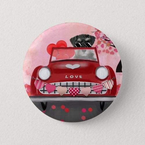 Schnauzer Dog Car with Hearts Valentines  Button