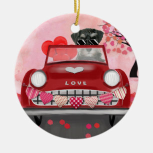 Schnauzer Dog Car with Hearts Valentine's  Ceramic Ornament